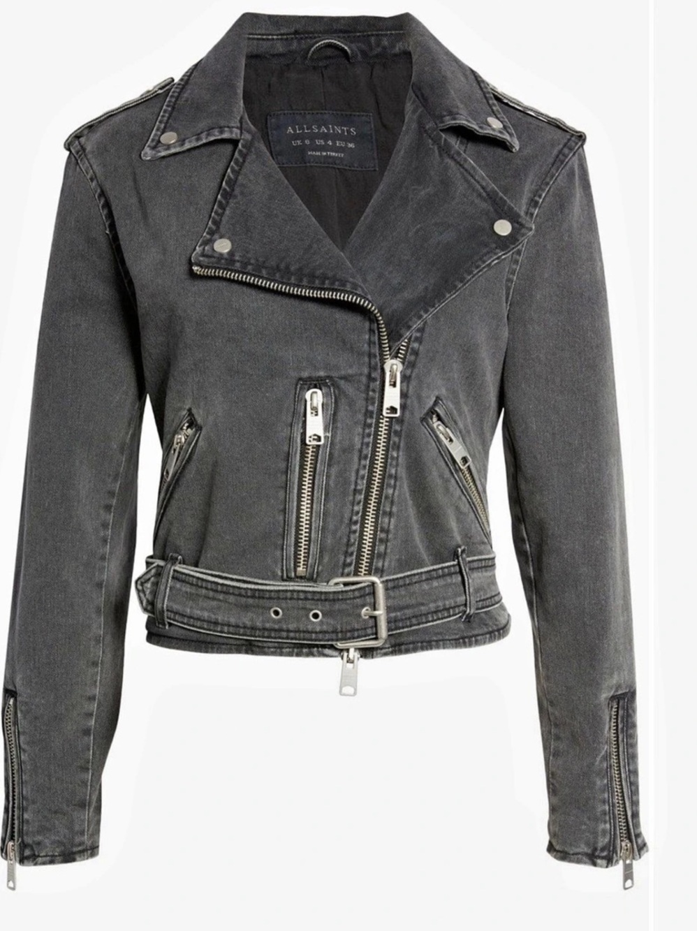 AllSaints Balfern Denim Biker Jacket Gray Size 6